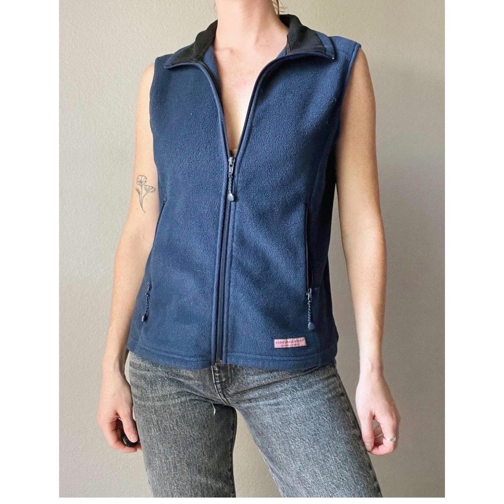 Vineyard Vines Marthas Vineyard Fleece Vest Womens L Large Full Zip Navy